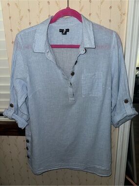 New Directions Womens XL Linen Cotton Blouse Blue White Striped Roll Tab Shirt